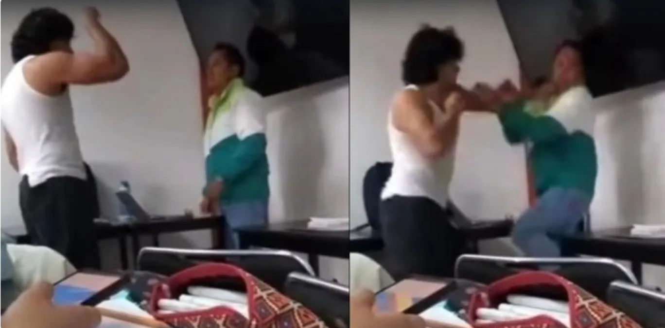 ¡Vuélvete a burlar! Alumno golpea a su maestro en salón de clases