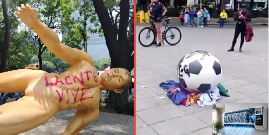 Presuntos integrantes de la CNTE derriban estatuas de futbolistas en Paseo de la Reforma