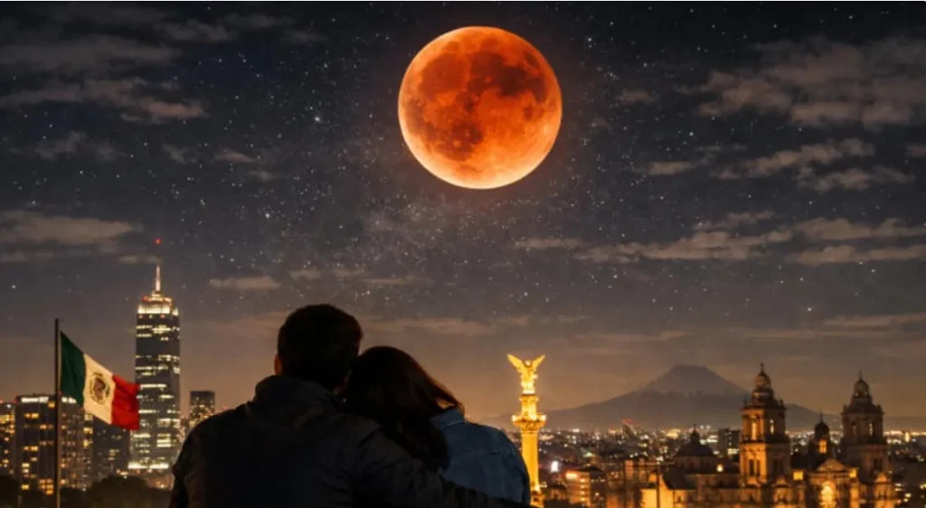 Eclipse lunar cubre 96% de la Luna y tiñe el cielo de tonos rojizos; así pudo verse en México